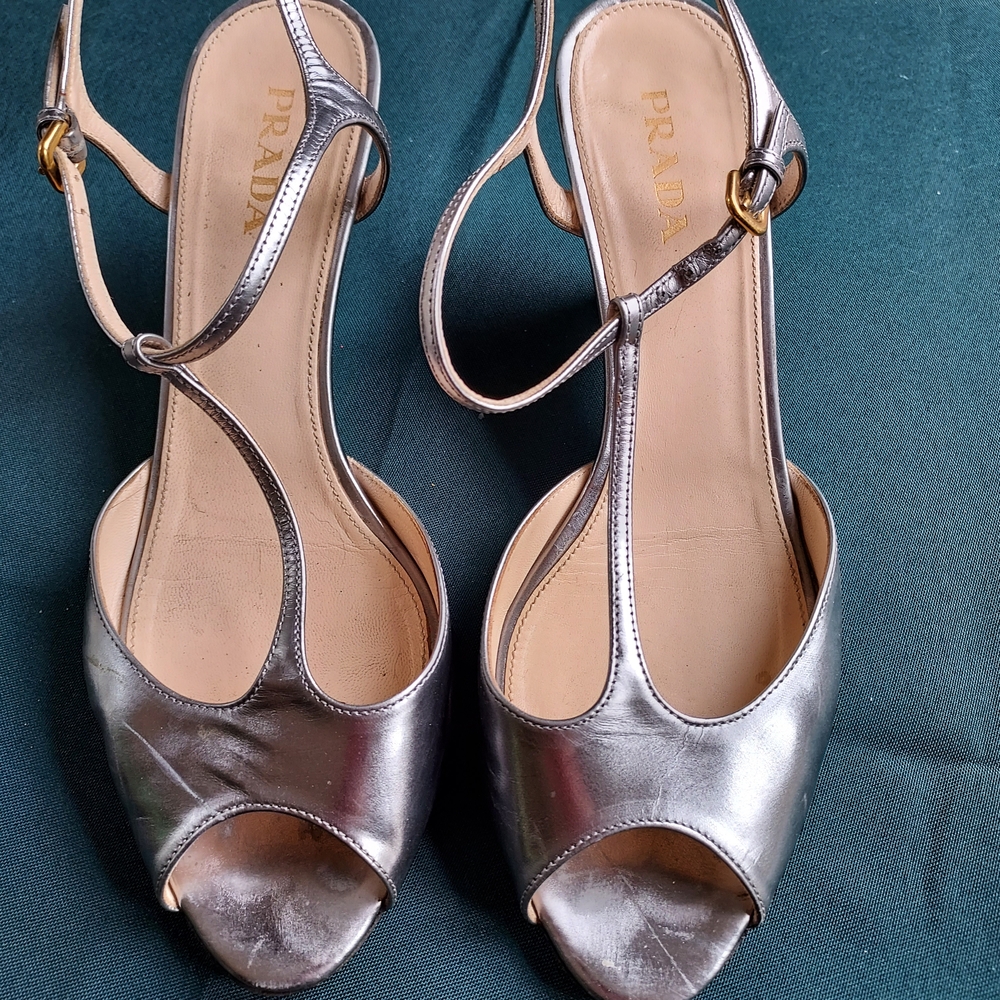 Prada Silver Leather Peep-Toe Slingback Heels
